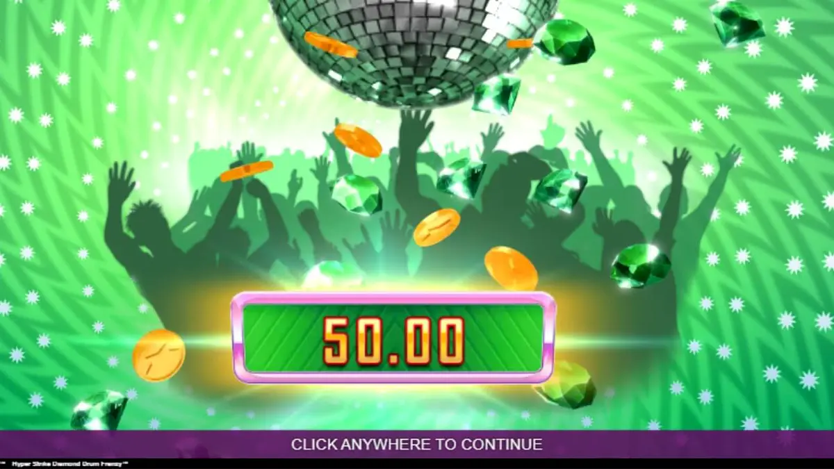 Interface vibrante do slot Hyper Strike Diamond Drum Frenzy com luzes neon e tambores dourados.