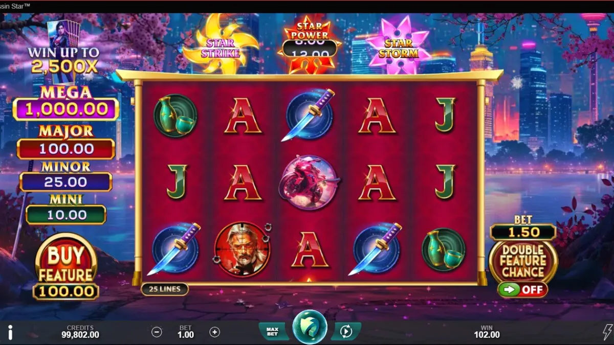 Cena do jogo Assassin Star com elementos neon e shurikens