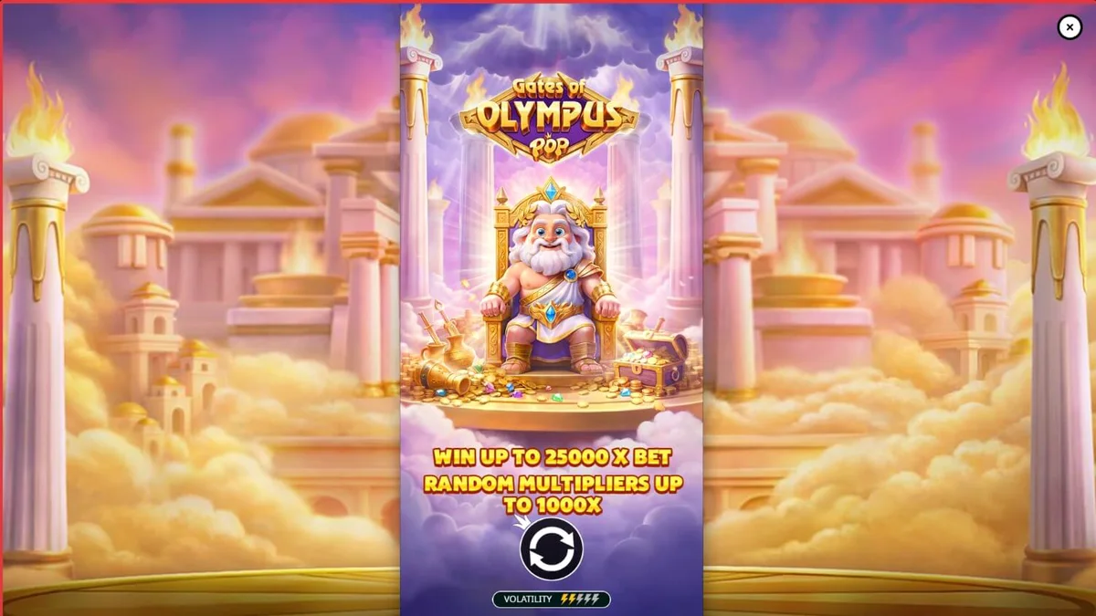 Visual vibrante e dourado do slot Gates of Olympus POP com Zeus ao fundo
