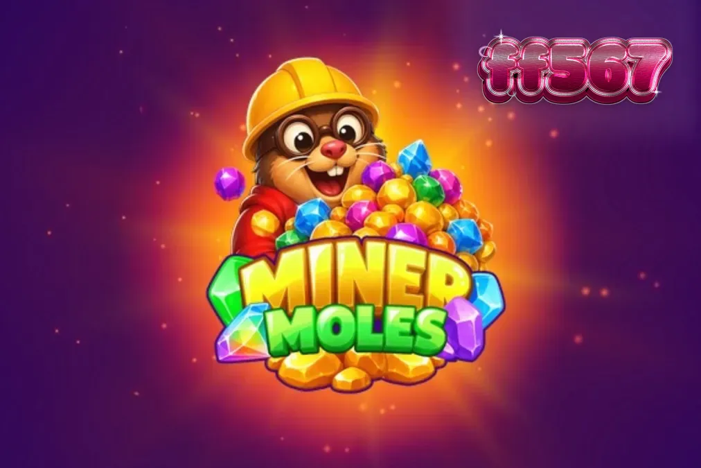 Interface colorida do slot Miner Moles com personagens de toupeiras mineradoras